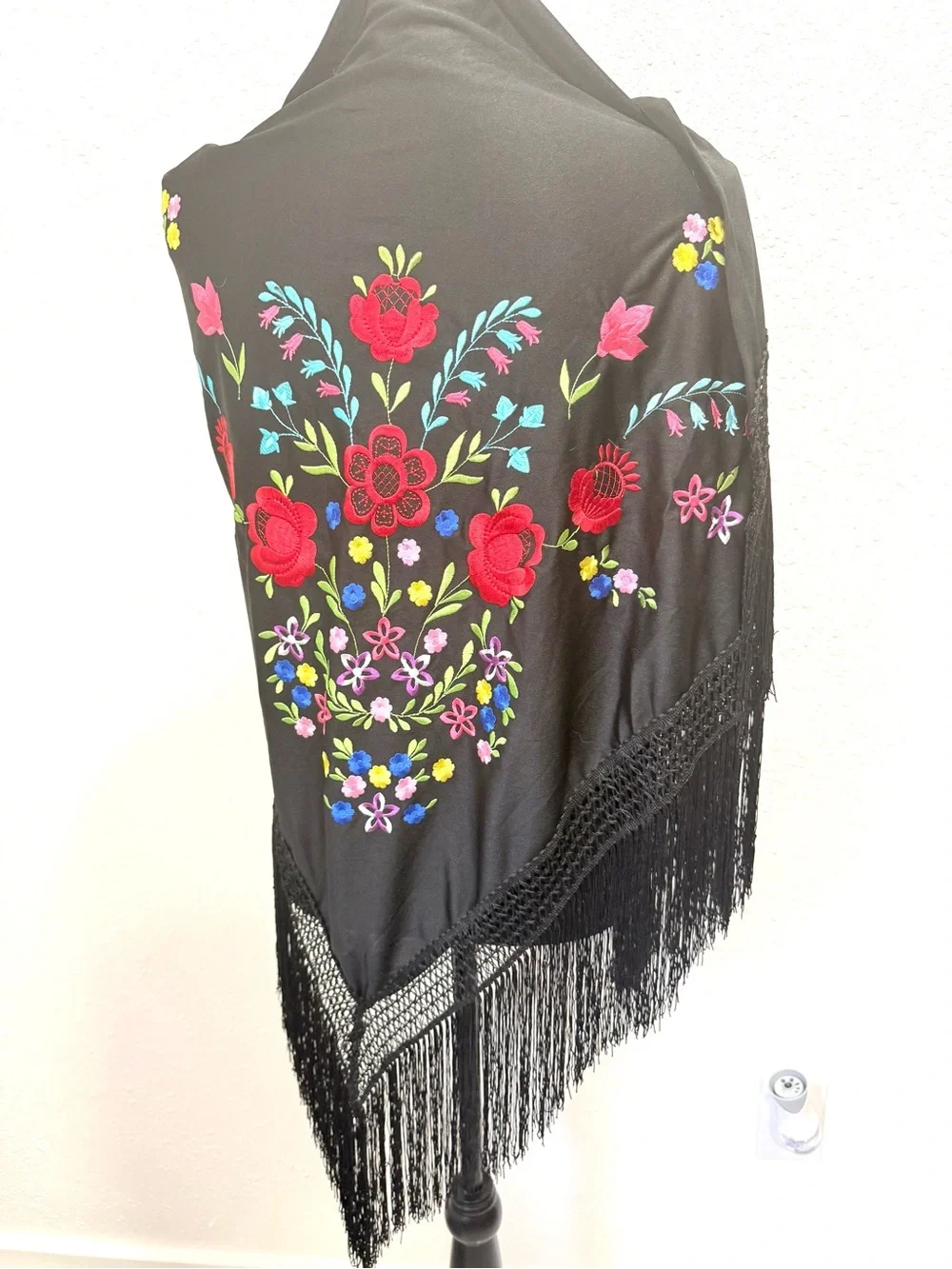 Black Embroidered Floral Fringe Shawl OS